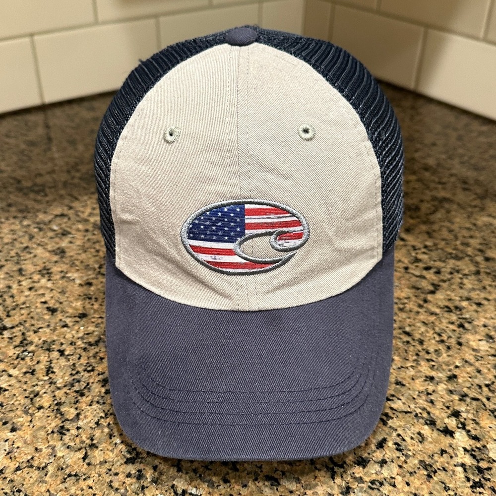 Costa Del Mar USA Flag Logo Trucker Hat Men Adjustable Navy Grey Cotton Blend